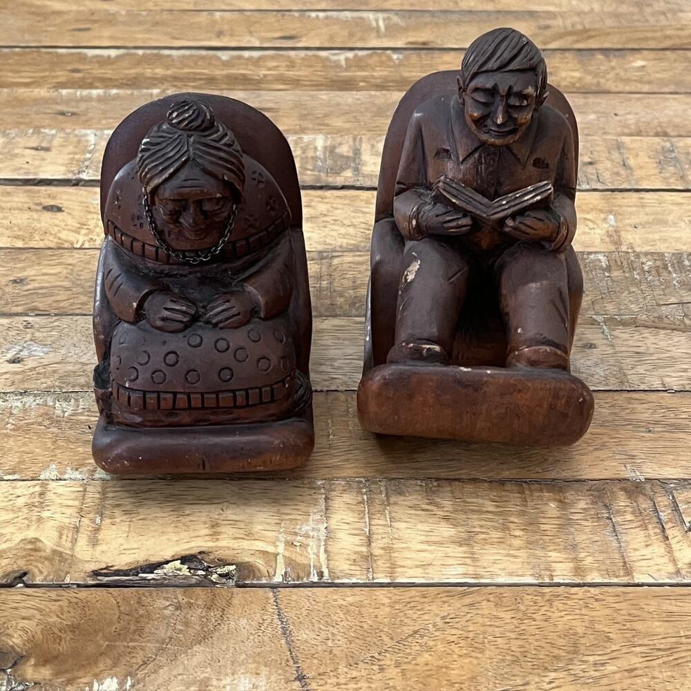 Vintage Hand-carved Wooden Elderly Couple Figurines in rocking chairs 5.5"